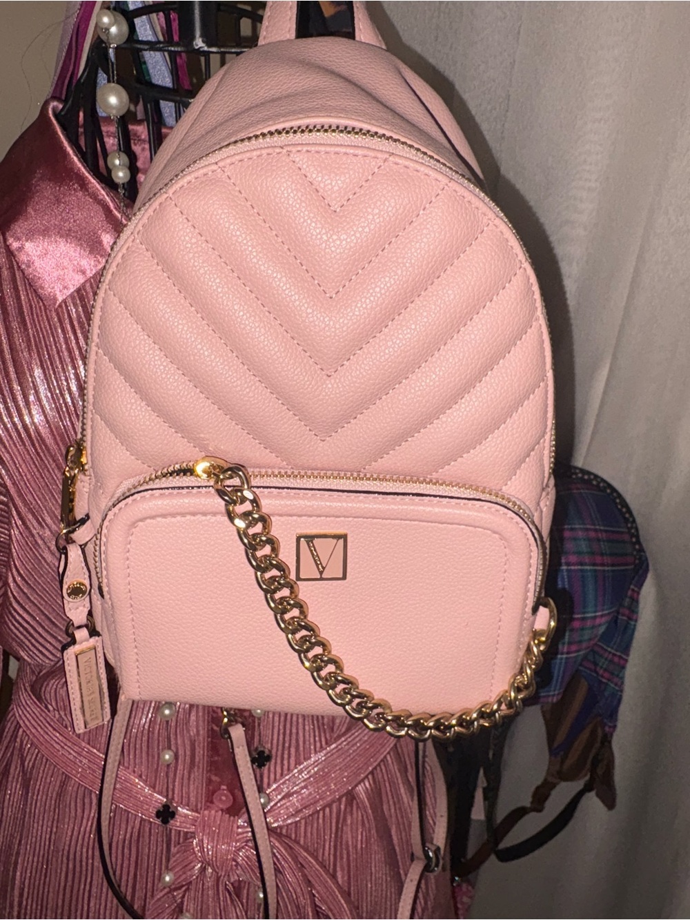 Victoria's Secret Pink Quilted Mini Backpack with Gold Chain